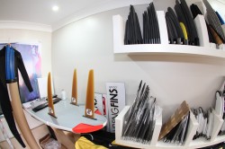 A corner of the office at kitesurfingfins.co.uk they stock a range of fins and can get hold of just about anything for you.