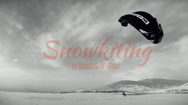 Snowkiting in Shades of Gray. Colorado kiteboarding - Core Kites & Korua Transition Finder snowboard