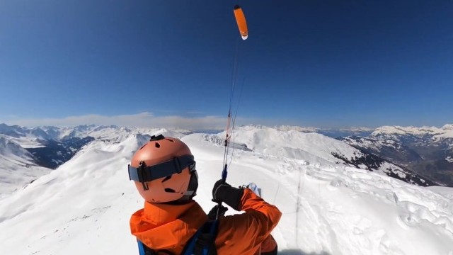 First snowkite ride up on Chistenstein by Davos in Switzerland