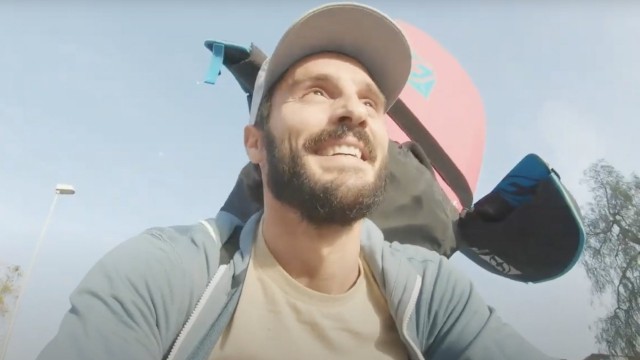 FIRST RIDE AFTER LOCKDOWN. Antoine Auriol kitesurfing at home in El Puerto de Santa Maria, Spain