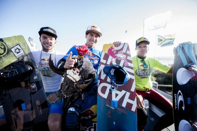 The Podium! Aaron Hadlow 1st, Kevin Langeree 2nd, Jerrie Van De Kop 3rd! Photo: Craig Kolesky/Red Bull Content Pool