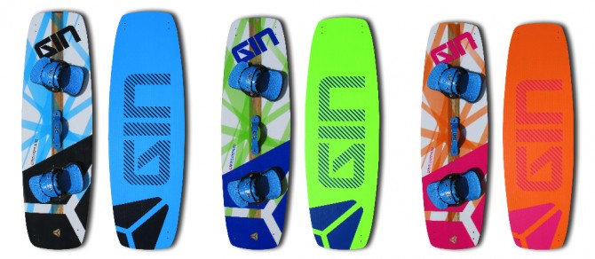 The Gin kiteboarding Geek board range comes in three colors and sizes.