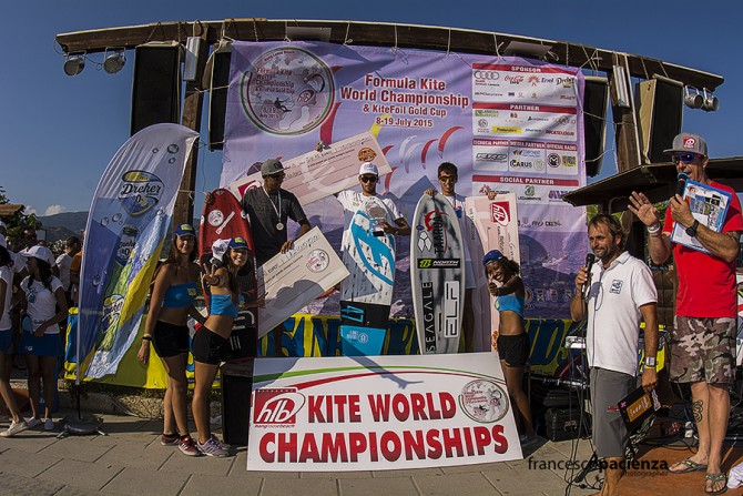 The Kite Foil Gold Cup podium at Hang Loose Beach, Italy.