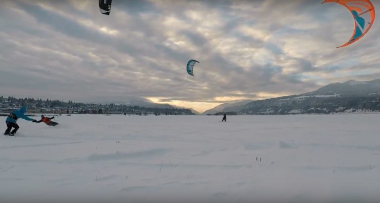 Snowkiting the Hood River sandbar during epic snow week in Jan 2017
