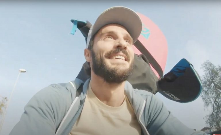 FIRST RIDE AFTER LOCKDOWN. Antoine Auriol kitesurfing at home in El Puerto de Santa Maria, Spain