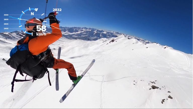 Rideup by kite on Pischahorn and Speedflying down by kite