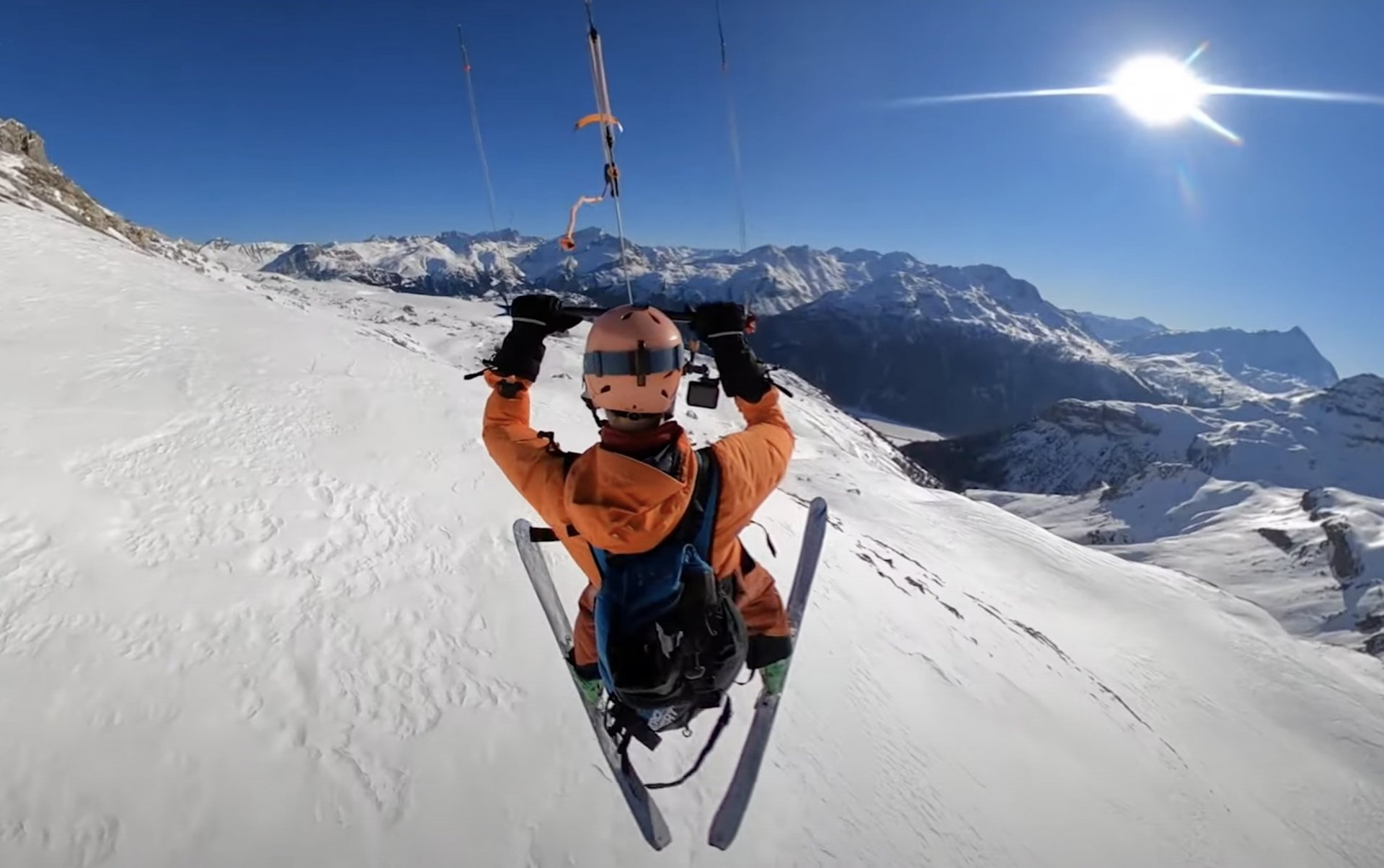 Long flight by kite at the Cufercalhut in Switzerland / a nice snowkite day